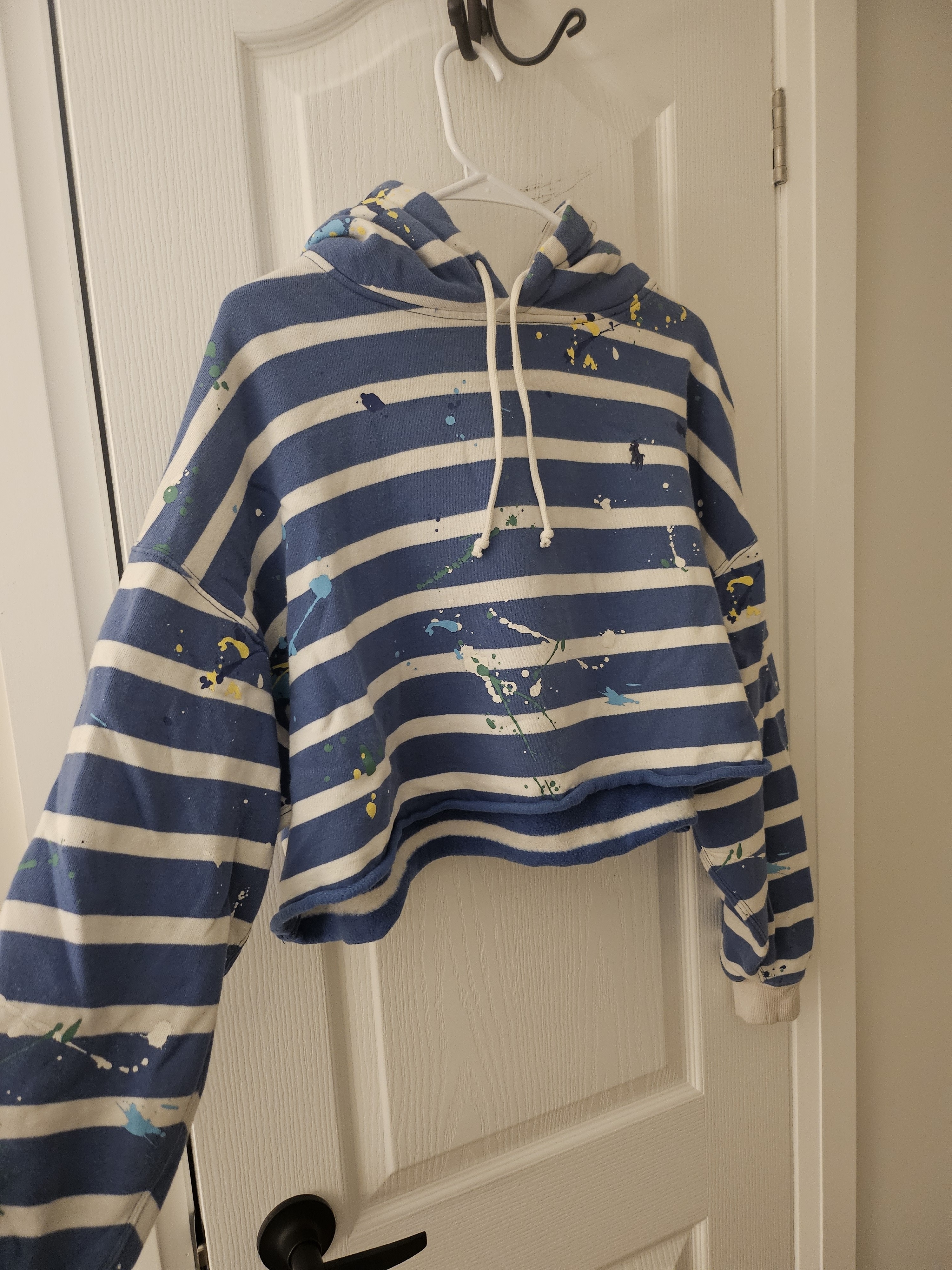 Polo By Ralph Lauren Blue & White Striped Cropped Hoodie With Paint Dots